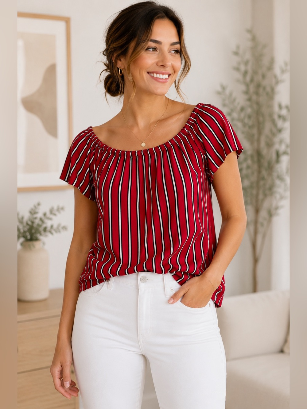 LOFT Red Striped‎ Blouse Medium Off Shoulder Elastic Neck Top Stretchy